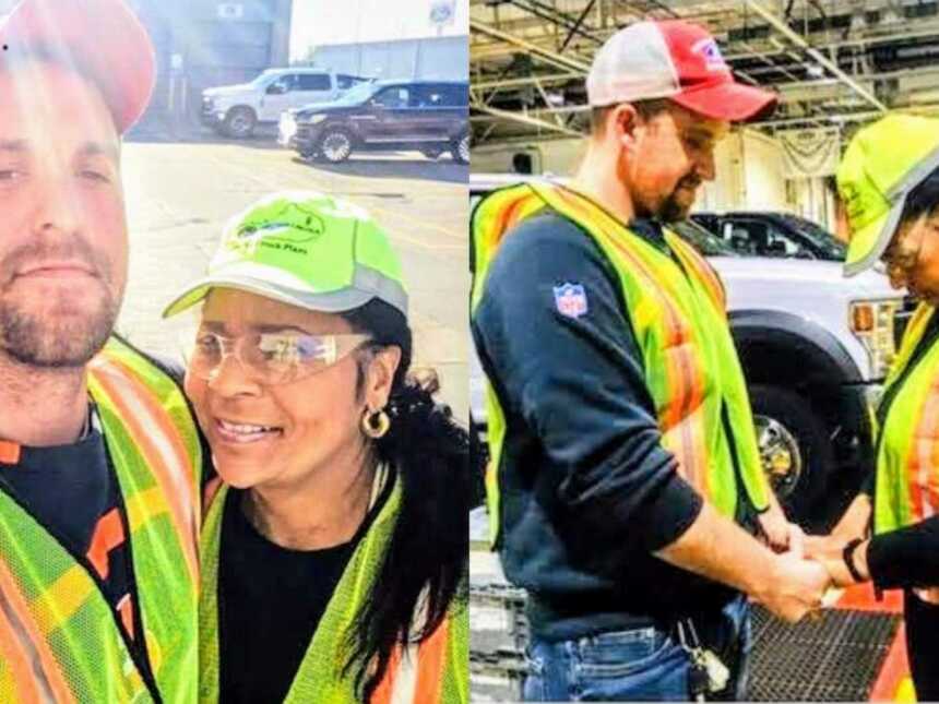 coworkers praying at Ford plant
