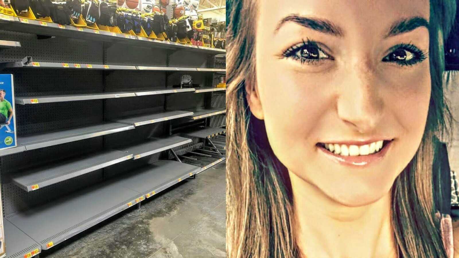 empty shelves at walmart and woman smiling in car