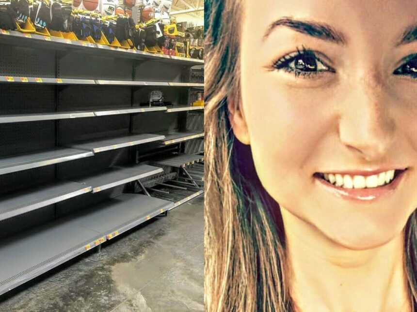 empty shelves at walmart and woman smiling in car