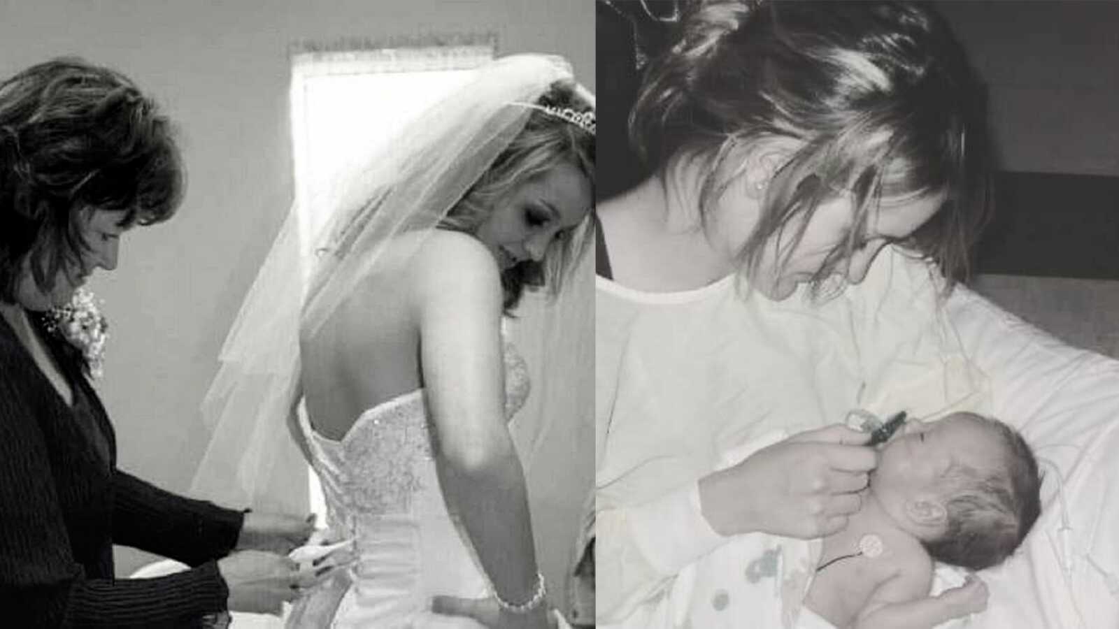 Left: mom tying daughter's wedding dress, Right: mom holding baby