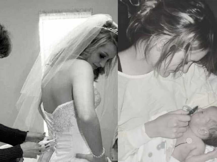 Left: mom tying daughter's wedding dress, Right: mom holding baby