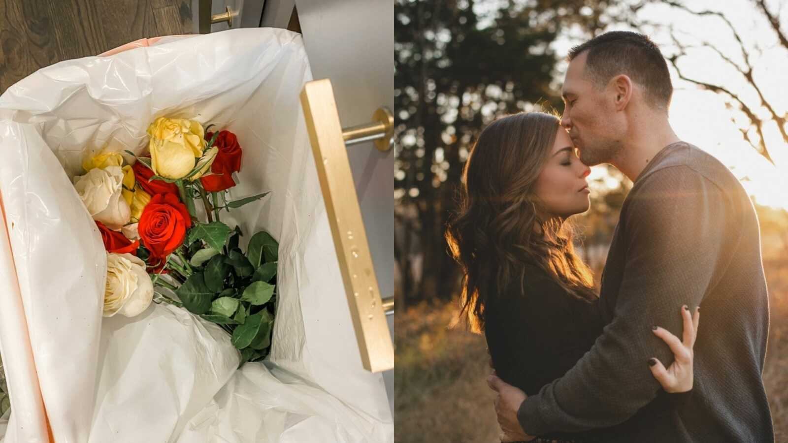 couple hugging outside in forest next to an ikmage of a bouquet of roses in the trash