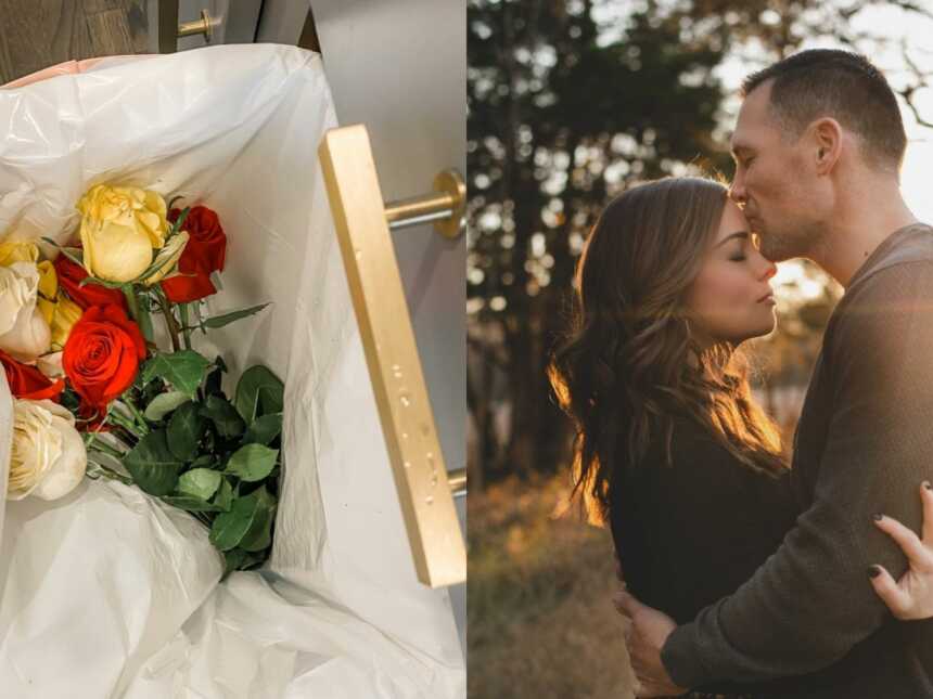 couple hugging outside in forest next to an ikmage of a bouquet of roses in the trash