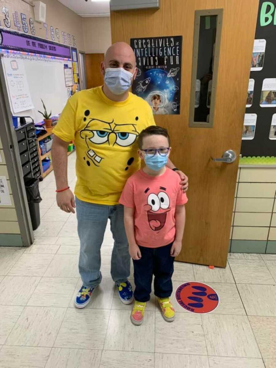 teacher wearing matching shirt and shoes with boy