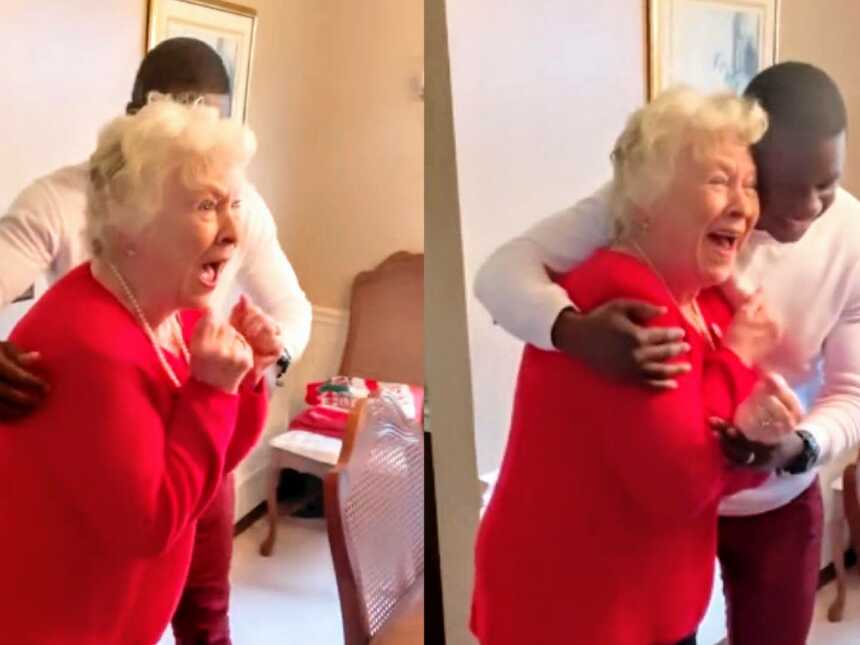 grandma hugs friend after surprise visit