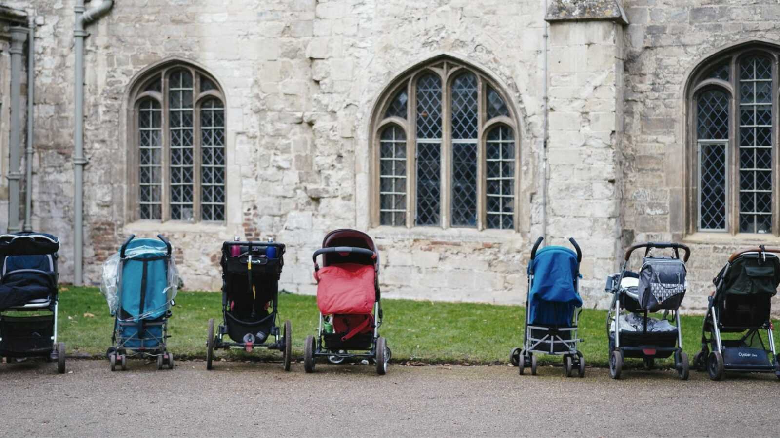 strollers lined up outside train station