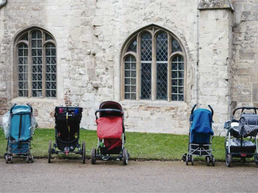 strollers lined up outside train station