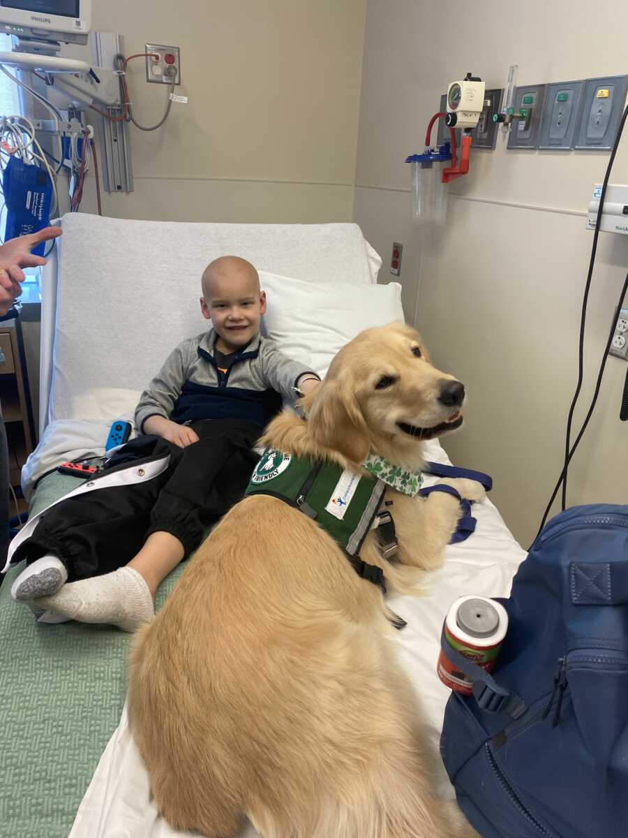 Young cancer patient petting golden retriever in hospital bed
