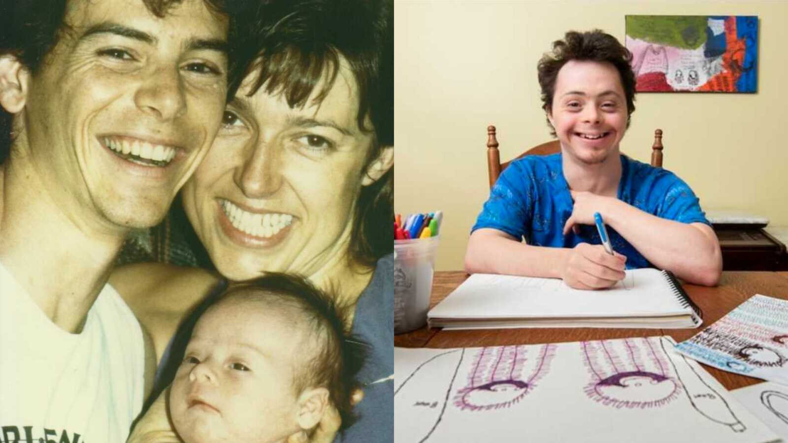 Young man with Down syndrome making art in sketchbook