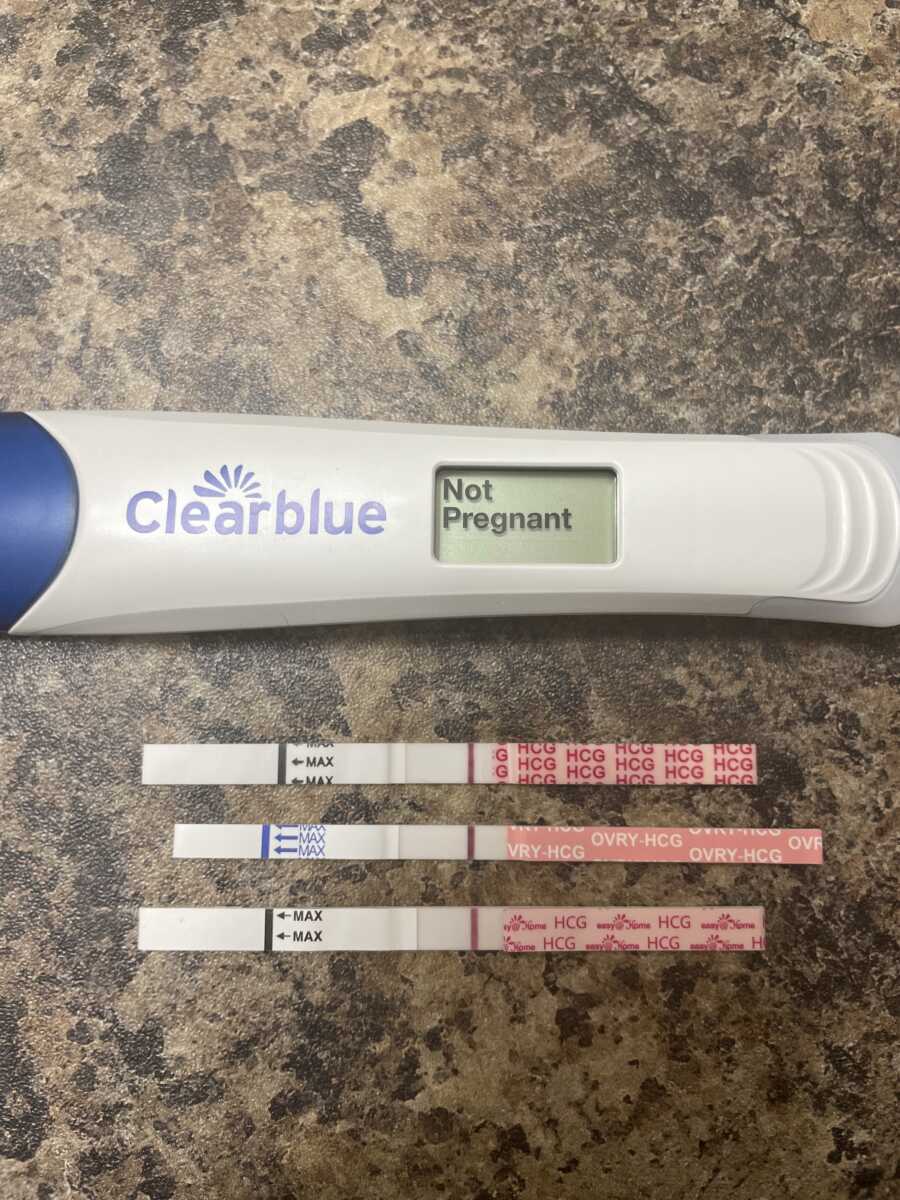 Negative Clearblue pregnancy test on counter